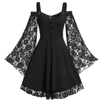 FASHION (L-5XL) Женское готическое платье с открытыми плечами и длинными расклешенными рукавами на талии, плотное бандажное вечернее платье L зелёный