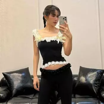 Fashion Lace Camisole Silm Short Top Lace Black S
