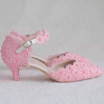 Fashion Lace Sandals Women 5CM Pointed Toe High Heel Women Sandals White Lace Large Size Low Heel Bridal Wedding Shoes Bridesmaid Shoes 34 белый