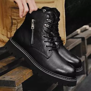 Fashion Lace-Up Men Chunky Casual Shoes Genuine Leather Leather Chelsea Boots Men Platform Ankle Boot Male Thick Bottom Motorcycle Boots 38