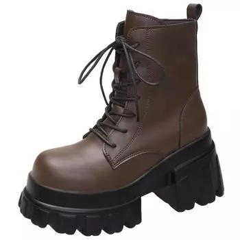 Модные женские ботильоны на шнуровке с высокой платформой 2024 года, зимние мотоциклетные ботинки на толстой подошве, каблук 9,5 см, массивные кожаные кроссовки, женская обувь 34 бежевый