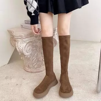 Fashion Ladies Boots Winter Knee High Shaft Long Shoes for Women Platform Elastic Round Toe Footwear Brown Gyaru Designer Luxury Hot 39 35