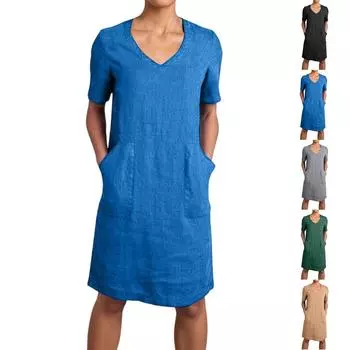 Fashion Ladies Casual Loose Retro Cotton And Linen Short-sleeved V-neck Pocket Dress XL хаки