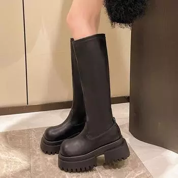 Fashion Ladies Elegant Boots Round Head Solid Color 2024 Hot Sale New Autumn Winter Fashion Women Knee Length Shoes Botines Mujer 35 чёрный