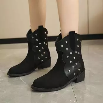 fashion Ladies Shoes 2024 Fashion Sleeve Women s Boots Autumn Round Toe Rivet Solid Short Barrel Chunky Heels Large Size Western Boots 35