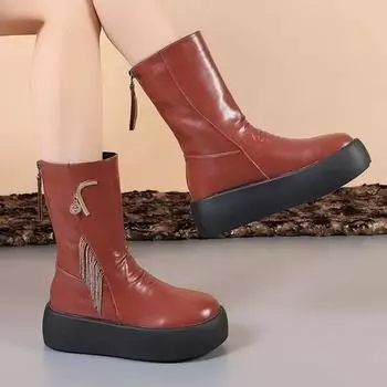 Fashion Ladies Shoes 2024 High Quality Back Zip Women s Boots Fashion Metal Decoration Modern Boots Women Winter Tassel Mid-Calf Boots 35 чёрный