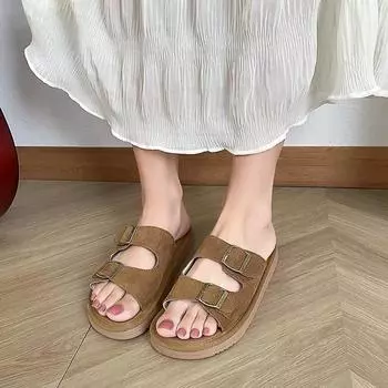 fashion Ladies Shoes 2024 High Quality Basic Women s Slippers Fashion Belt Buckle Casual Slippers Women Hot Sale Peep Toe Flat Slippers 35 коричневый