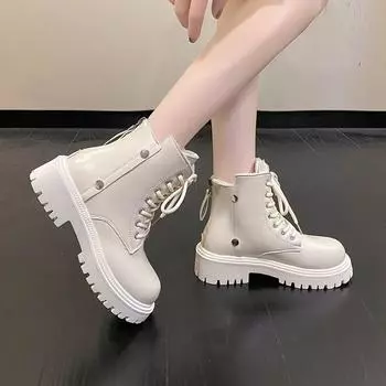 Fashion Ladies Shoes 2024 High Quality Lace-up Women s Boots Fashion Rivet Office and Career Winter Round Toe Plus Size Ankle Boots 35 бежевый
