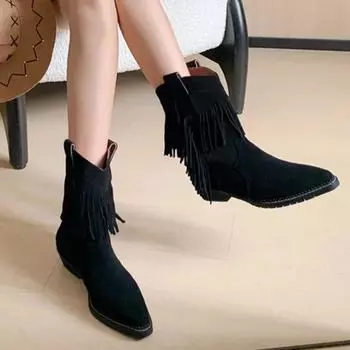 fashion Ladies Shoes 2024 High Quality Mid-Calf Women s Boots Elegant Modern Boots Women Fringe Pointed Toe Slip on Low Heel Shoes Women 35 хаки