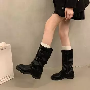 fashion Ladies Shoes 2024 High Quality Side Zipper Women s Boots Fashion Belt Buckle Modern Boots Women New Square Heel Mid-Calf Boots 35