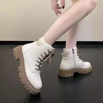 Fashion Ladies Shoes 2024 High Quality Side Zipper Women s Boots Fashion Front Lace-up Office and Career New Plus Size Mid-Calf Boots 35 бежевый