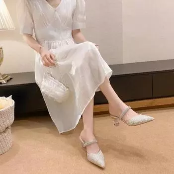 Fashion Ladies Shoes 2024 High Quality Slingbacks Women s High Heels Fashion Sequins Dress Pumps Women New Pointed Toe Solid Heels Women 34 золотой