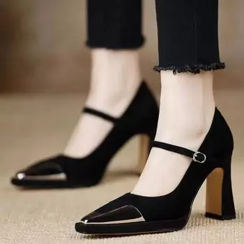 Fashion Ladies Shoes 2024 Hot Sale Basic Women s High Heels Classics Dress Pumps Women Pointed Toe Buckle Strap Chunky Heels Shoes Women 34 чёрный