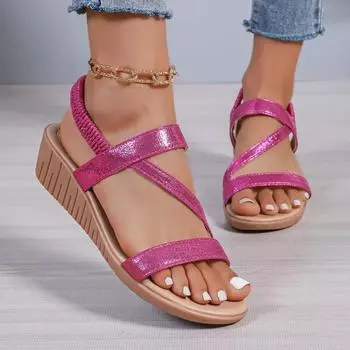 Fashion Ladies Shoes 2024 Hot Sale Elastic Band Women s Sandals Summer Open Toe Solid Outdoor Casual Wedge Heel Large Size Sandals 35 серебряный
