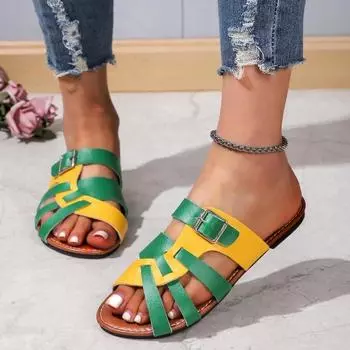 Fashion Ladies Shoes 2024 Hot Sale Plus Size Women s Slippers Classics Modern Slippers Women Mixed Colors Buckle Round Toe Flat Sandals 36 желто-зеленый