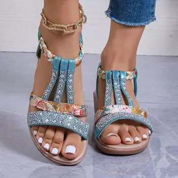 fashion Ladies Shoes 2024 Hot Sale Plus Size Women s Sandals Fashion Crystal Daily Sandals Women New Printing Peep Toe Wedge Sandals 35 небесно-голубой