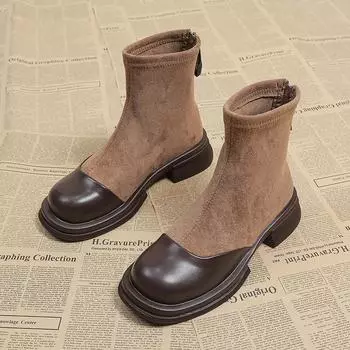 Модная женская обувь 2024 года, горячая распродажа, женские ботинки на молнии, осенние, с круглым носком, на платформе из цельного флика, водонепроницаемые, короткие, в стиле вестерн 35