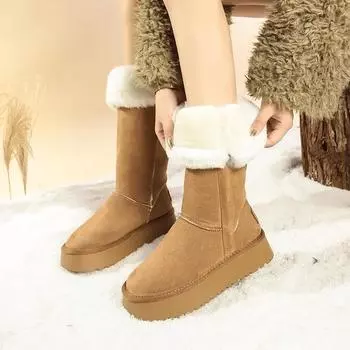 Fashion Ladies Shoes 2024 Mid-Calf Women s Boots Platform Warm Snow Boots Women Sewing Round Toe Slip on Flat with Buckle Shoes Female 35 чёрный