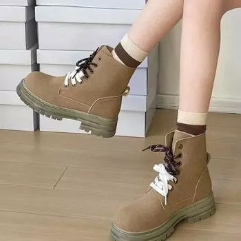 Fashion Ladies Shoes 2024 New Front Lace-up Women s Boots Fashion Color Matching Casual Boots Women Hot Sale Square Heel Shoes for Women 35 хаки