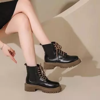 Fashion Ladies Shoes 2024 New Lace-up Women s Boots Fashion Round Toe Modern Boots Women Winter Plus Size British Style Mid-Calf Boots 35 покинуть белый