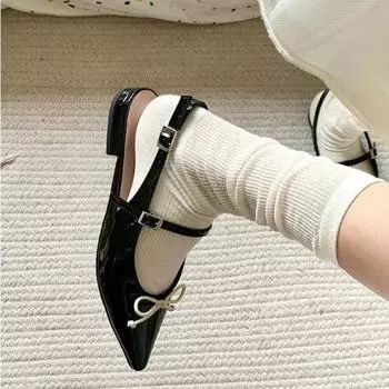 fashion Ladies Shoes 2024 New Slingbacks Women s Pumps Retro Dress Sandals Women Pointed Toe Bow Tie Low Heel Buckle Strap Shoes Women 35 чёрный