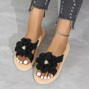 fashion Ladies Shoes High Quality Outdoor Women s Slippers Daily Casual Slippers Women Pearl Floral Round Toe Flat with Shoes Women 36 чёрный