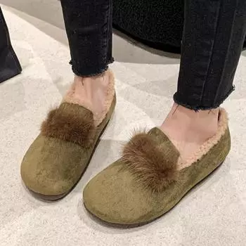 Fashion Ladies Shoes Hot Sale One Kick Women s Flats Winter Round Toe Plush Fleece for Warmth Solid Solft Sole Casual Comfortable Shoes 35 зелёный