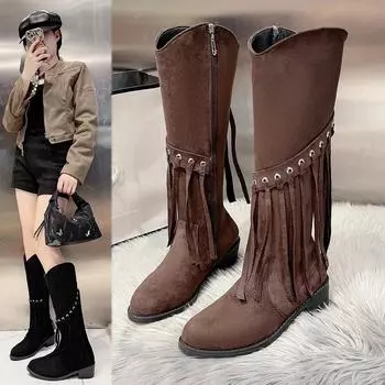 Fashion Ladies Shoes on Sale 2024 British Style Women s Tassel Boots Fashionable and Versatile Brown Long Boots Plus Size 43 Zapatos 35 коричневый