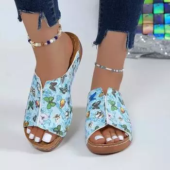 Распродажа модной женской обуви 2024 года. Модные летние женские тапочки. Разноцветные принты. Открытый носок. Средний каблук. Лаконичные уличные тапочки для женщин. 36