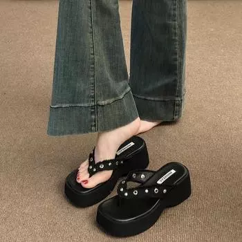 fashion Ladies Shoes on Sale 2024 Fashion Women Slippers Summer Solid Open Toe Platform Water Proof Outdoor Casual Daily Thong Slippers 35 чёрный