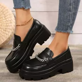 fashion Ladies Shoes on Sale 2024 Fashion Slip on Women s Pumps Autumn Round Toe Chain Solid Dress Platform Chunky Heels Plus Size Shoes 36