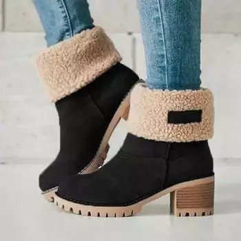 fashion Ladies Shoes on Sale 2024 High Quality Sleeve Women s Boots Winter Round Toe Suede Solid Short Barrel Chunky Heels Snow Boots 36 чёрный