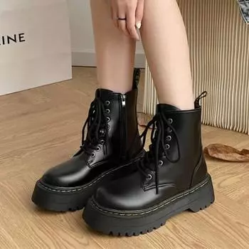 Fashion Ladies Shoes on Sale 2024 High Quality Side Zipper Women s Boots Winter Round Toe Solid Short Barrel Platform Chunky Heels Boots 35 чёрный