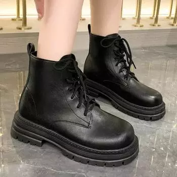 Fashion Ladies Shoes on Sale 2024 High Quality Lace Up Women Boots Winter Square Toe Chain Solid Short Barrel Block Heels Fashion Boots 35