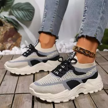 fashion Ladies Shoes on Sale 2024 New Lace Up Women s Vulcanize Shoes Autumn Breathable Mesh Mixed Colors Outdoor Casual Walking Shoes 36 чёрный