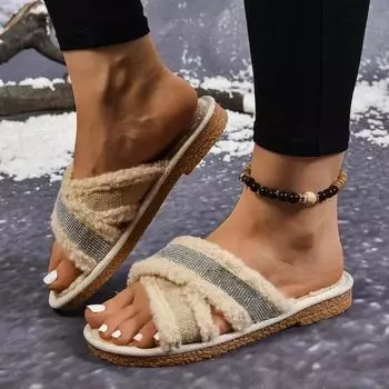 Fashion Ladies Shoes on Sale 2024 New Open Toe Women s Slippers Autumn Sequins Mixed Colors Flat Casual Comfortable Large Size Slippers 35 покинуть белый