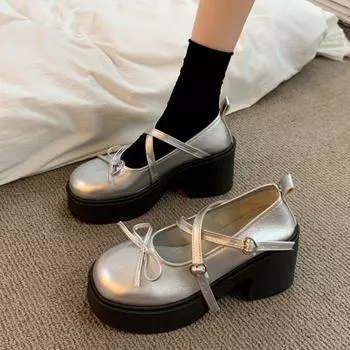 fashion Ladies Shoes on Sale High Quality Buckle Women s Pumps Autumn Mary Jane Round Toe Bow Tie Solid Dress Chunky Heels Shallow Shoes 35 бежевый