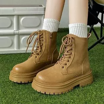 Fashion Ladies Shoes on Sale High Quality Lace Up Women s Boots Winter British Style Round Toe Solid Platform Chunky Heels Fashion Boots 35 жёлтый