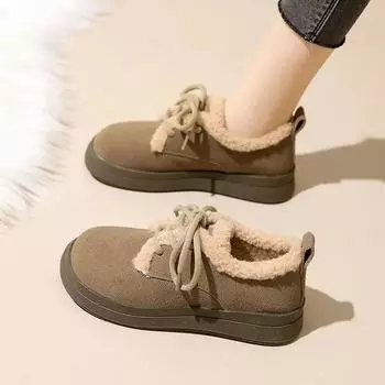 Fashion Ladies Snow Boots with Laces Black Suede Round Toe Elegant Low Heels Female Shoes Lace-up Y2k Lamb Winter Waterproof Non Slip 39 35