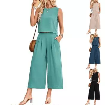 Fashion Ladies Summer Casual Sleeveless Vest Wide Leg Nine-point Pants Suit Female L бежевый