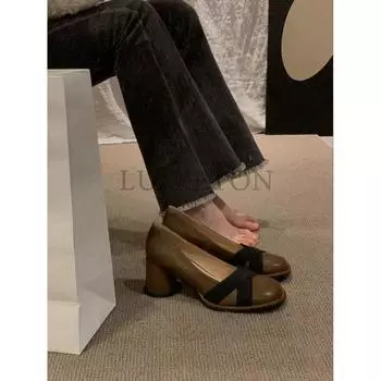 fashion Ladies Thick Heel Shoes Soft Leather Shallow Mouth High Heel Women Retro Elegant Women s Shoes Round Head Single Shoes Woman 35 коричневый