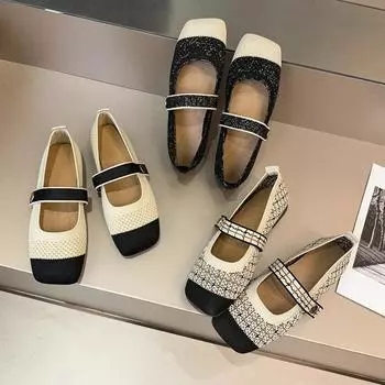 мода Женская мода Туфли Мэри Джейн 2024 Весна Лето Балетки Женские повседневные туфли Плоский каблук Нескользящие босые туфли Квадратный носок 35 бежевый