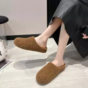 Fashion lamb wool bag head wool slippers women s 2024 autumn and winter new outer wear casual one-pedal cotton slippers 35 чёрный