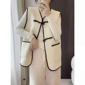 FASHION Lamb wool cardigan vest jacket women s 2024 winter new outer overlay wear small vest Lamb wool vest Clothes S recommends 85-52.5kg