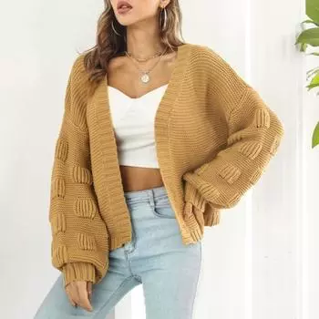 Модный фонарь с длинным рукавом вязаный кардиган свитер свободная повседневная куртка женская осень и зима V-образный вырез без пуговиц свитера короткое пальто 1427 One Size жёлтый