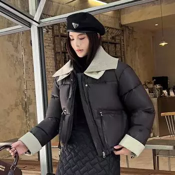 Fashion lapel down cotton jacket 2025 winter new disposable jacket short knitted PU spliced American short cotton jacket M