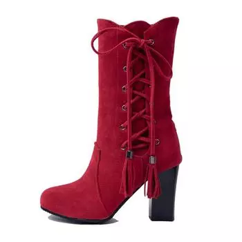 fashion large size 32-45 High Heel Boots Women Shoes Woman Zip Up Shoelace Winter Boots fringe Footwear Party Bottine 3 чёрный