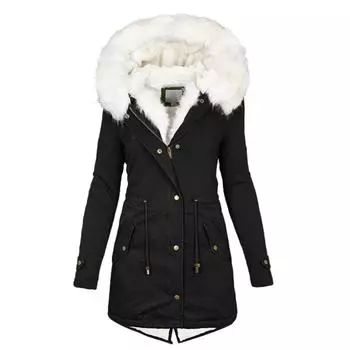 FASHION Large Thickened Cotton Clothes Winter Medium and Long Pie Overcome Hair Collar Hooded Warm Fleece Jacket Women s Clothes S чёрный