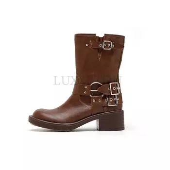 Fashion Leather Ankle Boots Women Motorcycle Knight Boots Sexy Western Boots Women Cowboy Boots Fashion Belt Buckle Botines Mujer 35 коричневый