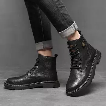 Fashion Leather Fashion Basic Boots Men Side Zipper Men s Shoes Outdoor Male Motorcycle Boots All-match Fashion Mens High Top Sneakers 38